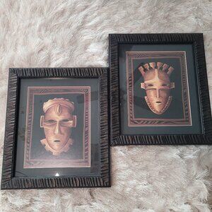 Chariklia Zarris African Mask Tribal Textured Wall Frame Decor 2 Pcs